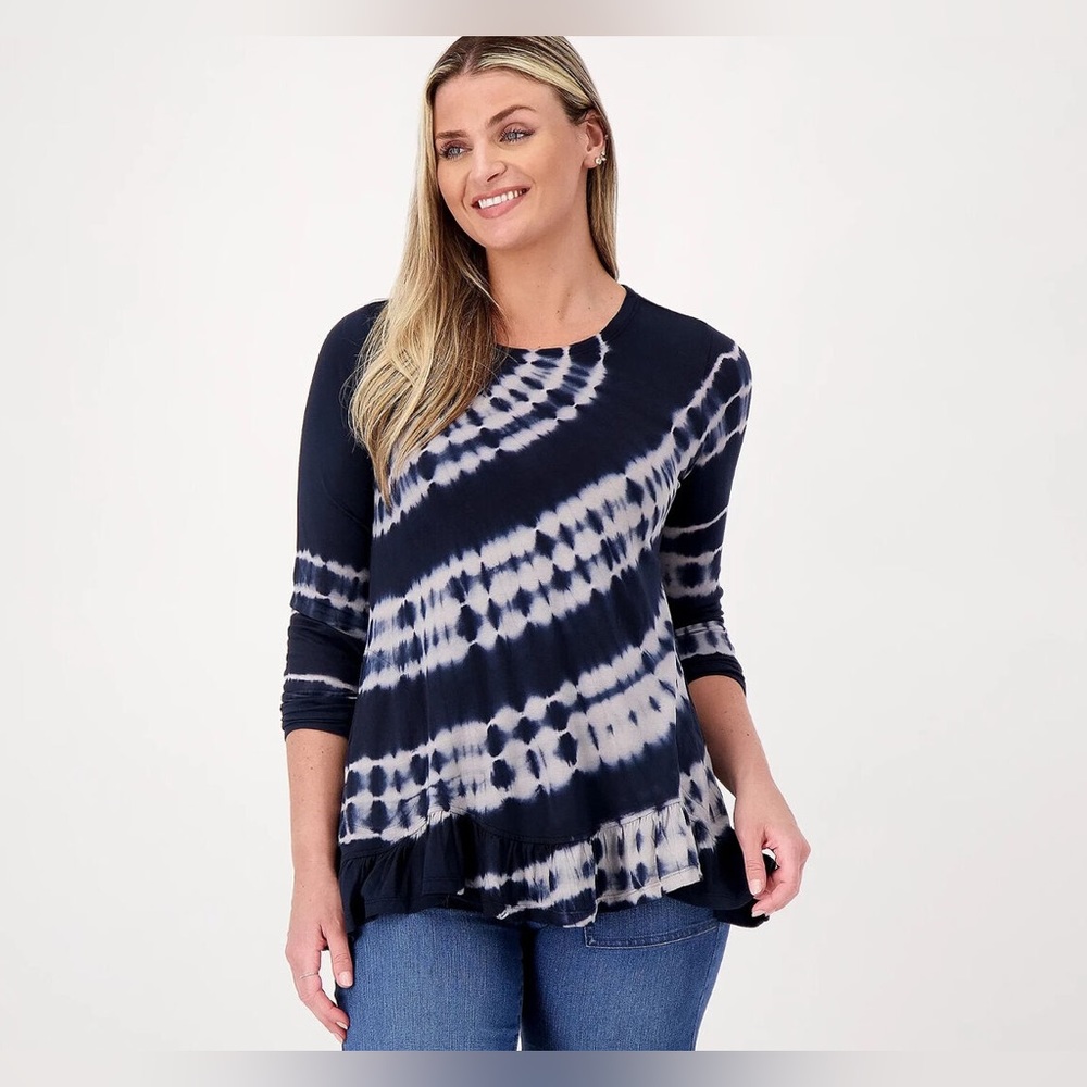 LOGO by Lori Goldstein Navy and White Tie-Dye Long Sleeve Tee